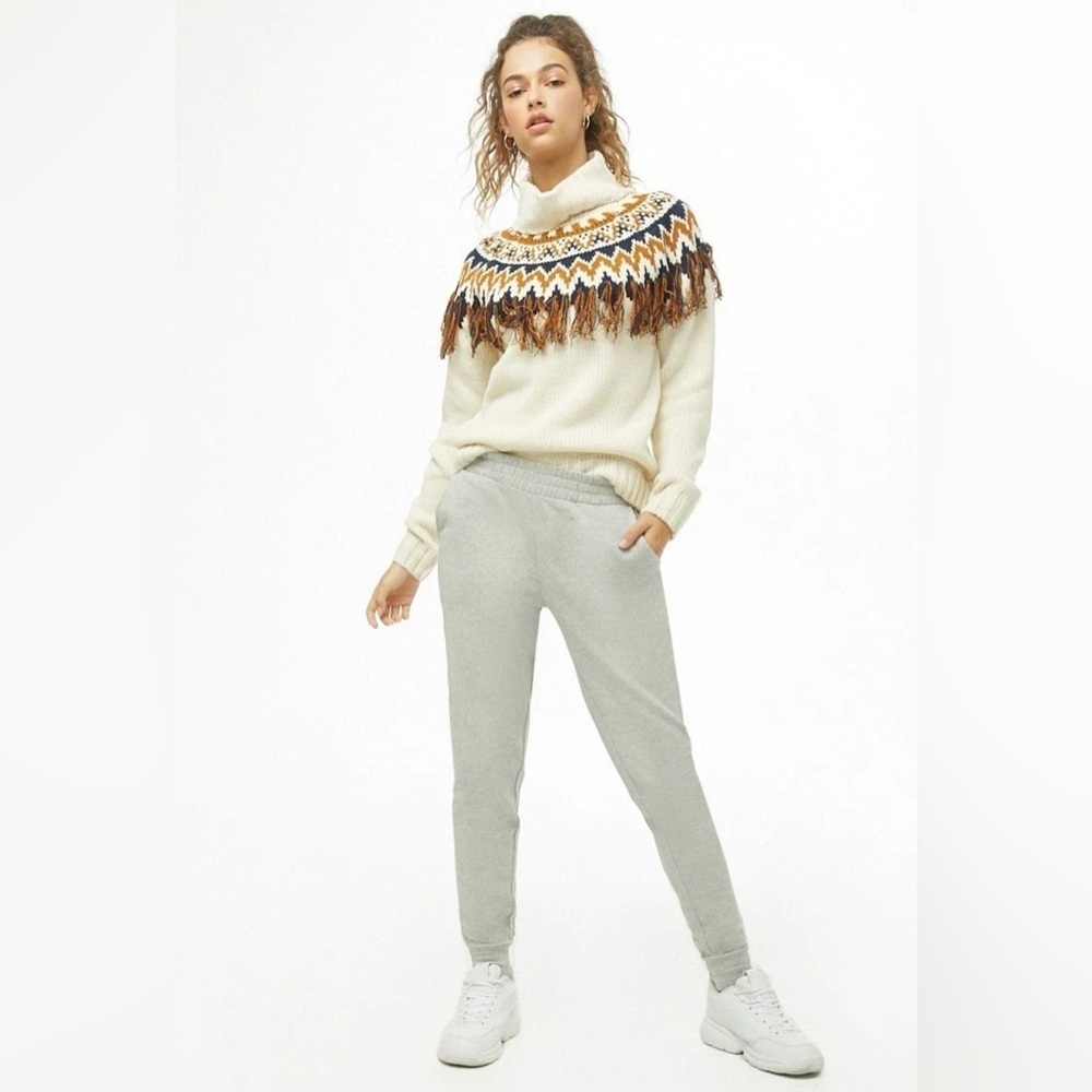 Forever 21 Cream Navy Blue Nordic Boho Fair Isle Fringe Sweater Women’s Sz M - Picture 2 of 8